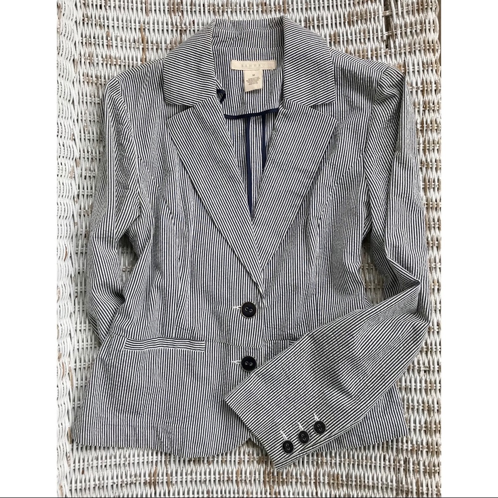 🆕 {Sandro Paris} Seersucker Blazer • Blue & White Stripe • EUC • Size Medium - Picture 2 of 8